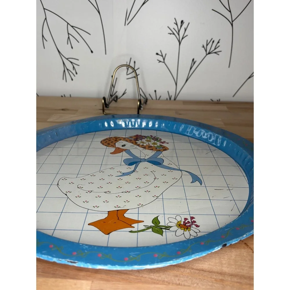 Vintage Giftco Inc Round Metal Serving Tray Goose Sun Hat Blue White Grid 13